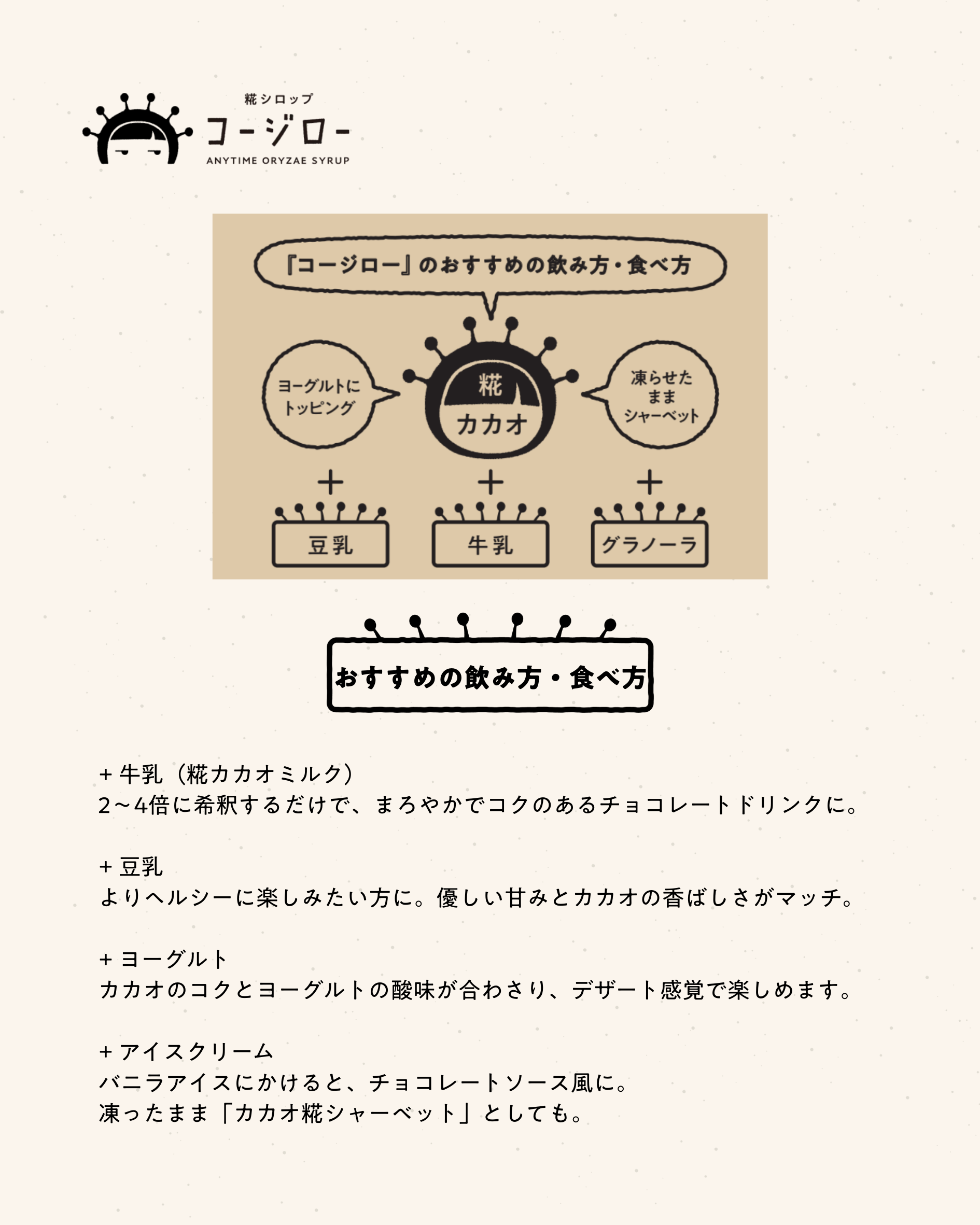 おすすめの飲み方・食べ方 + 牛乳（糀カカオミルク） 2〜4倍に希釈するだけで、まろやかでコクのあるチョコレートドリンクに。 + 豆乳 よりヘルシーに楽しみたい方に。優しい甘みとカカオの香ばしさがマッチ。 + ヨーグルト カカオのコクとヨーグルトの酸味が合わさり、デザート感覚で楽しめます。 + アイスクリーム バニラアイスにかけると、チョコレートソース風に。 凍ったまま「カカオ糀シャーベット」としても。
