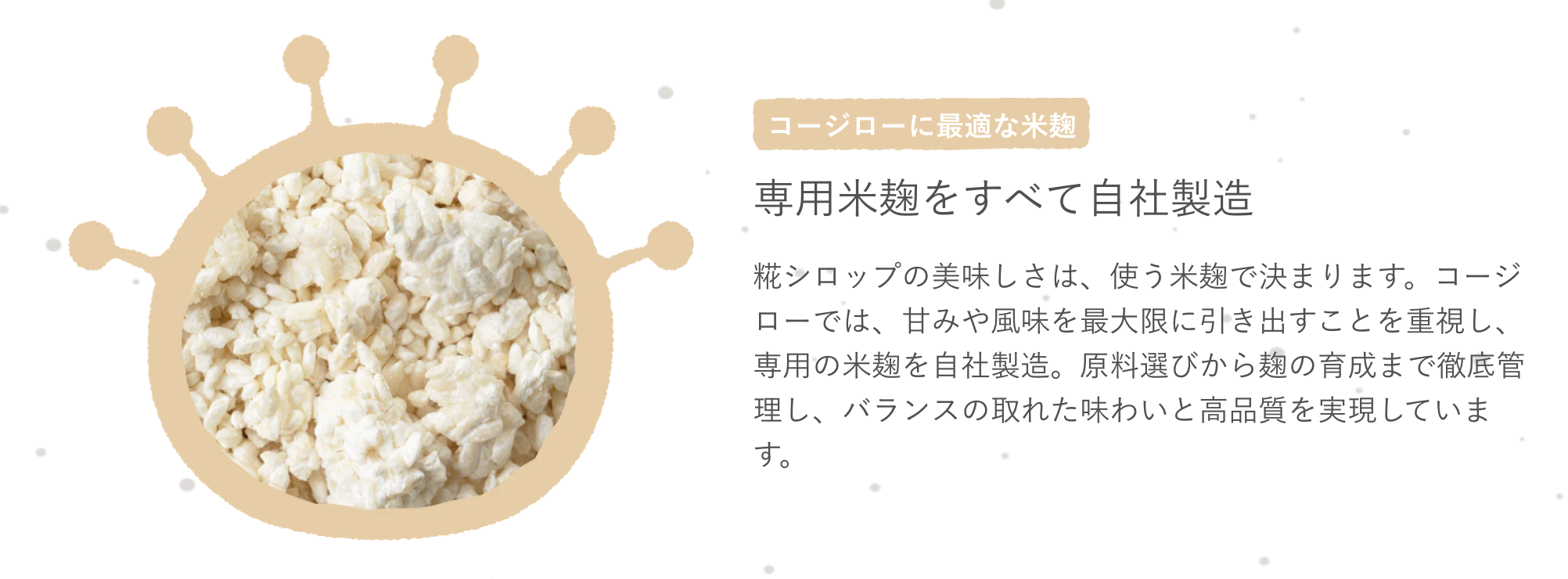 コージローに最適な米麹
専用米麹をすべて自社製造
糀シロップの美味しさは、使う米麹で決まります。コージローでは、甘みや風味を最大限に引き出すことを重視し、専用の米麹を自社製造。原料選びから麹の育成まで徹底管理し、バランスの取れた味わいと高品質を実現しています。