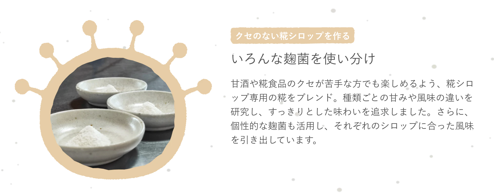 クセのない糀シロップを作る
いろんな麹菌を使い分け
甘酒や糀食品のクセが苦手な方でも楽しめるよう、糀シロップ専用の糀をブレンド。種類ごとの甘みや風味の違いを研究し、すっきりとした味わいを追求しました。さらに、個性的な麹菌も活用し、それぞれのシロップに合った風味を引き出しています。